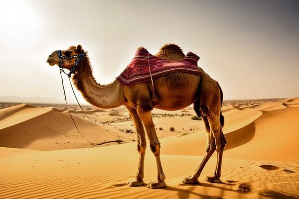 A camel resting on the soft sands of the Sahara Desert, a typical experience in Morocco travel Packages